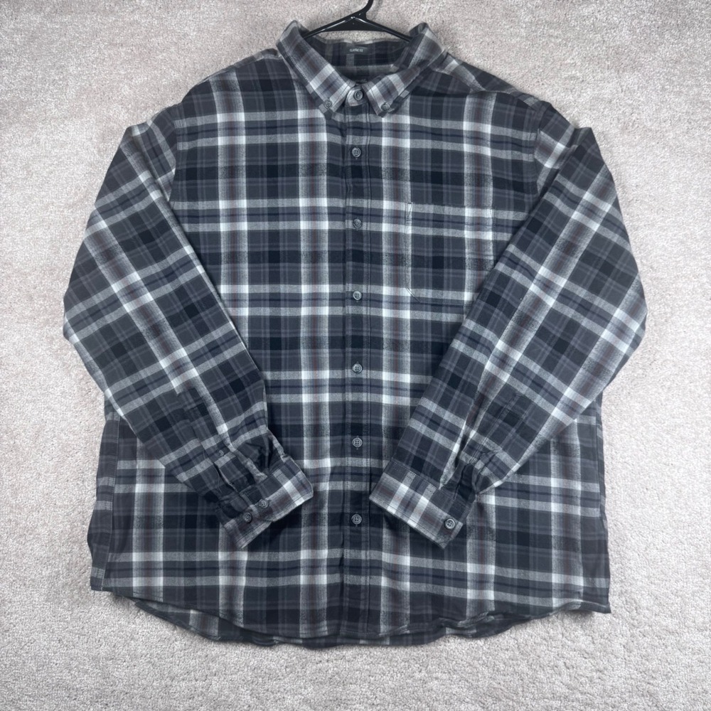 Eddie Bauer Mens 2XL Classic Fit Plaid Button Down Shirt Grey Black Long Sleeve